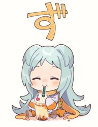  :t ^_^ blue_hair blush_stickers brown_scarf cherry chibi closed_eyes closed_mouth commentary_request cup disposable_cup drinking_straw facing_viewer female food forehead fruit holding holding_cup jacket long_hair long_sleeves miyako_(princess_connect!) orange_skirt princess_connect! scarf shadow sitting skirt sleeves_past_fingers sleeves_past_wrists solo translated two_side_up uso_(ameuzaki) very_long_hair white_background white_jacket 