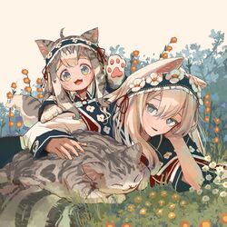  2girls :3 :d ahoge animal_ears animal_hands aqua_capelet blonde_hair blue_eyes blush capelet cat_ears cat_paws cat_tail commentary_request feline flower foliage grass grey_cat grey_hair hair_between_eyes hairband hand_on_own_cheek hand_on_own_face head_rest highres long_hair long_sleeves looking_at_viewer lying multiple_girls necktie oimo_imoo on_grass on_side open_mouth original outdoors parted_lips red_flower red_necktie slit_pupils smile sploot tail white_flower wing_collar yellow_flower 