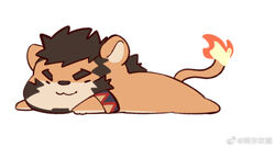  1boy alca_(wakatanka4) alca_the_lion animal_ears artist_request bara beard black_hair chibi chibi_only commission facial_hair flame-tipped_tail flat_color furry furry_male gyee lion_boy lion_ears lion_tail lying male_focus on_stomach original second-party_source simple_background sleeping smile solo tail thick_eyebrows 