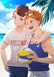  2boys antweiyi artist_name ball beach blue_tank_top brown_eyes brown_hair cloud day eyewear_on_head haikyuu!! hinata_shouyou holding holding_ball looking_at_another male_focus multiple_boys oikawa_tooru_(haikyuu!!) one_eye_closed open_mouth orange_hair outdoors shirt short_hair sky smile sunglasses tank_top teeth v white_shirt 