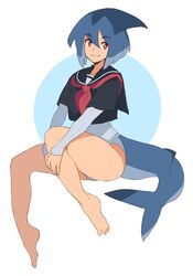  azuumori bare_legs barefoot black_sailor_collar black_shirt blue_hair feet female fins fish_tail full_body hair_between_eyes highres invisible_chair looking_at_viewer mako_(azuumori) multicolored_hair neckerchief one-piece_swimsuit original red_neckerchief sailor_collar shark_fin shark_girl shark_tail shirt short_hair short_sleeves sitting smile solo swimsuit swimsuit_under_clothes tail white_one-piece_swimsuit 