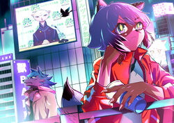  absurd_res anthro barbara_rose black_nose blue_body blue_eyes blue_fur blue_hair brand_new_animal brown_body brown_fur canid canine canis city clothed clothing coat collar female fingers fluffy fluffy_tail fur hair hi_res holding_object jacket male mammal michiru_kagemori monge_baby naked_mole-rat night pink_eyes raccoon_dog rodent shirou_ogami studio_trigger tail tanuki topwear white_body wolf 