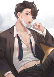  1boy antweiyi artist_name black_jacket black_pants blue_eyes brown_hair haikyuu!! jacket looking_at_viewer male_focus male_underwear mask mask_pull mouth_mask necktie open_clothes open_jacket open_mouth open_pants pants sakusa_kiyoomi shirt short_hair sitting solo teeth toned toned_male underwear undone_necktie upper_teeth_only white_shirt 