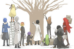  4boys 4girls armband arms_behind_back ayin_(project_moon) binah_(project_moon) blonde_hair blue_hair boots braid brown_hair bucket chesed_(project_moon) coat commentary_request cup french_braid from_behind full_body gebura_(project_moon) gradient_hair green_hair grey_hair hod_(project_moon) hokma_(project_moon) holding holding_bucket holding_cup holding_paintbrush kankan33333 lab_coat ladder lobotomy_corporation long_hair malkuth_(project_moon) multicolored_hair multiple_boys multiple_girls netzach_(project_moon) paintbrush painting_(action) project_moon purple_hair red_hair sitting standing_on_box steam table tea tiphereth_a_(project_moon) very_long_hair yesod_(project_moon) 