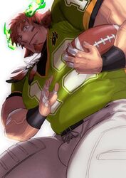  1boy absol_(dkqthf) american_football american_football_(object) american_football_uniform animal_ears ball bara brown_hair bulge cow_boy cow_ears eye_black facial_hair feather_necklace fiery_horns forked_eyebrows from_below glowing_horns goatee green_shirt holding holding_ball horns jewelry large_pectorals looking_at_viewer male_focus muscular muscular_male necklace pants pectorals plump shirt short_hair short_sleeves simple_background solo sportswear thick_eyebrows tight_clothes tight_shirt tokyo_afterschool_summoners wakan_tanka white_pants 