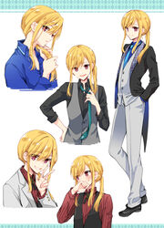  asazuki_norito blonde_hair collared_shirt commentary_request commission female formal grin hands_in_pockets looking_at_viewer looking_away multiple_views neck_ribbon necktie open_mouth original pixiv_commission ponytail red_eyes reverse_trap ribbon shirt sidelocks smile suit tailcoat v waistcoat 