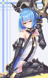  armor armored_boots azur_lane bare_shoulders black_thighhighs blue_hair blush boots breasts closed_mouth commentary_request cross cross_(weapon) dress female gascogne_(azur_lane) gauntlets greaves hair_between_eyes halo headgear highres latin_cross looking_at_viewer mechanical_halo miimu_(nelreg3) short_hair sitting small_breasts smile solo strapless strapless_dress thighhighs weapon white_dress yellow_eyes 