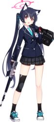  animal_ears assault_rifle asymmetrical_legwear bag beretta_ar70/90 black_hair blue_archive cat_ears earpiece female full_body gloves gun halo highres hwansang id_card knee_brace long_hair necktie official_art red_eyes rifle school_bag school_uniform scope serika_(blue_archive) shoes sneakers socks solo transparent_background uneven_legwear very_long_hair weapon 