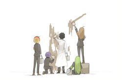  2girls 3boys armband ayin_(project_moon) blonde_hair brown_hair bucket commentary from_behind full_body gradient_hair green_hair hod_(project_moon) holding holding_bucket holding_paintbrush kankan33333 lab_coat lobotomy_corporation long_hair malkuth_(project_moon) multicolored_hair multiple_boys multiple_girls netzach_(project_moon) paintbrush painting_(action) project_moon purple_hair sitting standing_on_box yesod_(project_moon) 