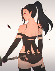  a2_(nier:automata) a2_(nier:automata)_(cosplay) ass black_hair black_thighhighs cosplay cowboy_shot earrings elezen elf female final_fantasy final_fantasy_xiv from_behind highres hilda_ware holding holding_sword holding_weapon hyur jewelry joints koyorin long_hair looking_at_viewer looking_back nier:automata nier_(series) pointy_ears ponytail red_eyes revision robot_joints short_shorts shorts solo sword thighhighs weapon white_background 