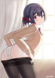  ass black_pantyhose blue_hair blush bow bowtie brown_cardigan cardigan closed_mouth clothes_pull commentary cowboy_shot curtains day dressing eluthel female from_behind hairbow highres idolmaster idolmaster_shiny_colors indoors light long_sleeves looking_at_viewer looking_back morino_rinze panties panties_under_pantyhose pantyhose pantyhose_pull red_bow red_eyes short_hair solo striped_bow striped_bowtie striped_clothes tied_hair twitter_username underwear white_panties window 