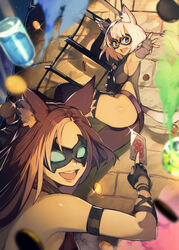  2girls animal_ear_fluff animal_ears armband black_legwear brown_hair card cat_ears cat_tail coin domino_mask fingerless_gloves forehead gloves heterochromia hide_(hideout) highres looking_at_viewer mask multiple_girls open_mouth original rope_ladder short_hair tail thighhighs white_hair 