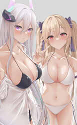  2girls absurdres alternate_costume anchorage_(azur_lane) anchorage_(dolphins_and_swim_lessons)_(azur_lane) azur_lane bare_shoulders bikini black_bikini blonde_hair breasts cleavage closed_mouth collarbone collared_shirt commentary grey_background hair_between_eyes hair_ribbon hand_up headgear highres kearsarge_(azur_lane) large_breasts long_hair looking_at_viewer multiple_girls navel off_shoulder partially_unbuttoned purple_eyes red_eyes ribbon see-through shirt sideboob simple_background smile stomach swimsuit twintails uniazi_mikan v white_bikini white_hair white_shirt 