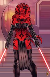  alien black_bra black_footwear black_gloves boots bra breasts cityscape colored_skin commission darth_talon dual_wielding elbow_gloves energy_sword female gloves green_eyes highres holding holding_lightsaber large_breasts lightsaber looking_at_viewer midriff pelvic_curtain ram_(ram80) red_lightsaber red_skin solo stairs star_wars star_wars:_legacy sword tattoo thigh_boots twi&#039;lek underwear weapon western_comics_(style) 