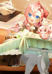  +_+ 1other :d absurdres bad_id bad_pixiv_id bag bendy_straw blue_eyes candy commentary_request cup drinking_straw feet_out_of_frame female food food_on_face fruit highres holding holding_spoon ice_cream ice_cream_spoon indoors kmnk_(kumanuko) light_blush long_hair long_sleeves oerba_yun_fang open_hand original out_of_frame parfait pink_hair reflection sailor_collar school_bag school_uniform skirt smile solo_focus spoon strawberry sweat sweets table tablecloth thighhighs tray white_thighhighs 