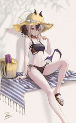  absurdres alternate_costume bag bare_shoulders beach_towel bikini black_bikini black_hair blue_archive breasts bright_pupils choker ear_piercing female flip-flops foot_out_of_frame hair_between_eyes halo hand_up hat highres horns horns_through_headwear kayoko_(blue_archive) knee_up legs looking_at_viewer low_wings medium_hair multicolored_hair navel parted_lips peropicnic piercing red_eyes sandals shadow side-tie_bikini_bottom sidelocks signature single_wing sitting small_breasts solo stomach straw_hat swimsuit toenails toes towel two-tone_hair white_hair white_pupils wings 