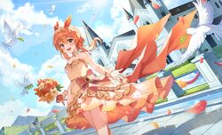  absurdres animal_ears bird blue_sky blush choker church cloud commentary day dress female fishnet_pantyhose fishnets flower frilled_dress frills hair_between_eyes hair_flower hair_ornament highres horse_ears horse_girl horse_tail looking_at_viewer mayano_top_gun_(sunlight_bouquet)_(umamusume) mayano_top_gun_(umamusume) open_mouth orange_dress orange_eyes outdoors pantyhose petals pine_(angel4195202) short_hair sky smile solo standing sunlight tail thighs umamusume wedding_dress wrist_cuffs 