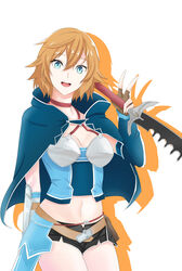  absurdres black_shorts blue_eyes breasts brown_hair capelet choker cleavage female fingerless_gloves fingernails gloves hair_between_eyes highres long_fingernails looking_back medium_breasts midriff navel philia_(sao) red_choker segina04 shadow short_hair short_shorts shorts smile solo sword_art_online sword_art_online:_hollow_fragment thighs v white_background 