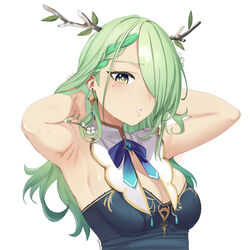  ameiarts antlers armpits blush braid breasts ceres_fauna ceres_fauna_(1st_costume) cleavage earrings female flower green_hair hair_flower hair_ornament hair_over_one_eye highres hololive hololive_english horns jewelry long_hair looking_at_viewer mole mole_under_eye multicolored_hair parted_lips simple_background sleeveless solo two-tone_hair virtual_youtuber white_background yellow_eyes 