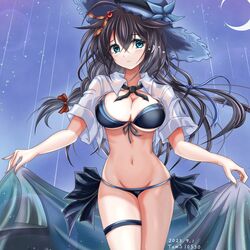  aqua_eyes artist_name black_bra black_hair bra braid breasts cleavage cowboy_shot crescent_moon dated female hair_ornament highres kantai_collection large_breasts looking_at_viewer moon navel shigure_(kancolle) shigure_kai_san_(kancolle) shigure_kai_san_(swimsuit)_(kancolle) shirt single_braid solo toms underwear white_shirt 