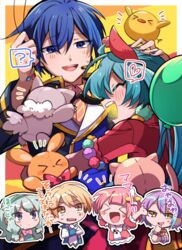  &gt;_&lt; 3boys 3girls ? ^_^ animal_ears aqua_hair balloon blonde_hair blue_eyes blue_hair cat_ears cat_girl chibi closed_eyes commentary green_hair hatsune_miku heart highres hug idonaka kaito_(vocaloid) kamishiro_rui kusanagi_nene multicolored_hair multiple_boys multiple_girls notice_lines ootori_emu open_mouth pink_hair project_sekai purple_hair smile spoken_heart spoken_question_mark stuffed_animal stuffed_toy tenma_tsukasa translation_request two-tone_hair uniform vocaloid wonderlands_x_showtime_(project_sekai) wonderlands_x_showtime_kaito wonderlands_x_showtime_miku 