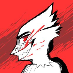  1:1 anthro avian avio_(avioylin) avioylin beak bird blood bodily_fluids evil_grin feathers looking_at_viewer male red_eyes simple_background smile solo stylized teeth 