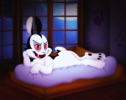  amegared anthro bunnicula bunnicula_(series) digital_media_(artwork) inside lagomorph leporid lying male mammal moon night on_front open_mouth pawpads paws pink_sclera rabbit red_eyes sky solo star starry_sky vampire window 