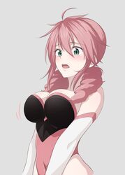  blaze_(blaze_pso2) blush bouncing_breasts breasts cosplay covered_navel drill_hair elbow_gloves feldt_grace female gloves green_eyes gundam gundam_00 highres leotard long_hair medium_breasts open_mouth pink_hair pink_leotard senki_zesshou_symphogear shiny_clothes solo takagaki_ayahi upper_body voice_actor_connection yukine_chris yukine_chris_(cosplay) 