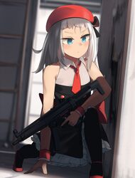  beret black_pantyhose blue_eyes breasts closed_mouth dress female girls&#039;_frontline gun h&amp;k_mp5 hat highres hinami047 holding holding_weapon long_hair looking_away mp5_(girls&#039;_frontline) necktie pantyhose red_footwear red_hat red_necktie shoes small_breasts solo submachine_gun weapon white_hair 