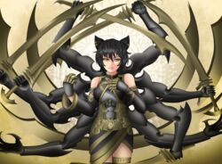  animal_ears armor black_hair breasts cat_ears extra_arms female highres holding holding_sword holding_weapon kali_(mythology) kali_belladonna lobbyrinth long_hair looking_at_viewer mechanical_arms multiple_swords name_connection rwby smile smirk solo sword weapon yellow_eyes 