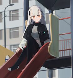  ak-alfa_(girls&#039;_frontline) black_jacket black_pants closed_mouth female girls&#039;_frontline highres hinami047 jacket long_hair looking_at_viewer no_shoes open_clothes open_jacket orange_eyes pants playground russia scenery sitting slide solo uniform white_hair 