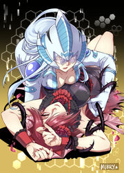  2girls artist_name biker_clothes bikesuit black_rose_dragon bodysuit breasts cleavage cowgirl_position duel_monster flower hair_over_one_eye helmet hexagon highres large_breasts long_hair lying mibry_(phrysm) motorcycle_helmet multiple_girls nail_polish on_back open_mouth personification petals red_flower red_hair red_rose rose simple_background smile stardust_dragon thorns white_hair yellow_eyes yu-gi-oh! yu-gi-oh!_5d&#039;s yu-gi-oh!_cross_duel yuri 