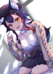  absurdres animal_ear_fluff animal_ears black_hair blush breasts embarrassed female finger_to_face hair_between_eyes hair_ornament hairclip highres hololive jewelry long_hair looking_at_viewer mihaeru multicolored_hair necklace official_alternate_costume ookami_mio ookami_mio_(street) open_mouth red_hair sitting smile solo streaked_hair sweatdrop tail virtual_youtuber wolf_ears wolf_girl wolf_tail yellow_eyes 