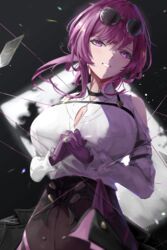  absurdres bare_shoulders breasts chunchilin clothing_cutout collared_shirt commentary_request eyewear_on_head female gloves grin highres honkai:_star_rail honkai_(series) interlocked_fingers kafka_(honkai:_star_rail) large_breasts long_sleeves looking_at_viewer medium_hair own_hands_together ponytail purple_eyes purple_gloves purple_hair round_eyewear shirt shoulder_cutout smile solo sunglasses teeth upper_body white_shirt 