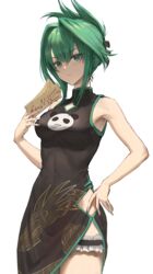  animal_print athenawyrm bear_print black_dress breasts china_dress chinese_clothes closed_mouth commentary covered_navel cowboy_shot dress english_commentary expressionless female green_eyes green_hair hair_between_eyes highres hip_vent holding looking_at_viewer medium_breasts medium_hair ofuda panda_print shaman_king side_slit simple_background sleeveless sleeveless_dress solo tao_jun thigh_strap white_background 