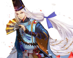  1boy abe_no_seimei_(onmyoji) black_hat blue_eyes blue_ribbon bridal_gauntlets closed_mouth folding_fan hair_ribbon hand_fan hat highres holding holding_fan japanese_clothes jrobinkim long_hair long_sleeves looking_at_viewer low-tied_long_hair magatama male_focus onmyoji ribbon simple_background solo standing tate_eboshi upper_body very_long_hair white_background white_hair wide_sleeves 