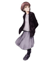  absurdres arms_behind_back asymmetrical_hair black_footwear black_jacket brown_eyes brown_hair commentary female grey_skirt hair_ornament hairclip highres iwakura_lain jacket looking_at_viewer serial_experiments_lain short_hair simple_background skirt smile solo white_background x_hair_ornament yasu_(shijimi_8) 