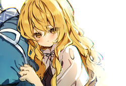  1boy black_bow black_bowtie black_dress blonde_hair blue_shirt blush bow bowtie closed_mouth collared_shirt dress eyes_visible_through_hair female hair_between_eyes hands_up hug hug_from_behind kirisame_marisa light long_hair looking_away morichika_rinnosuke no_headwear piyokichi puffy_short_sleeves puffy_sleeves shirt short_hair short_sleeves simple_background touhou white_background white_hair white_shirt white_sleeves yellow_eyes 