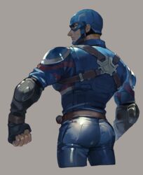  1boy armor ass ass_focus avengers_(series) back blonde_hair blue_bodysuit blue_eyes blue_pants bodysuit captain_america cropped_legs elbow_pads fingerless_gloves from_behind gloves highres looking_at_viewer looking_back male_focus marvel mask masked nape narrow_waist pants pauldrons pectorals shoulder_armor simple_background solo sweatdrop tapioka_chaso toned toned_male 