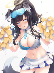  absurdres animal_ears blue_archive blush breasts cheerleader cleavage cowboy_shot dog_ears dog_tail female hibiki_(blue_archive) hibiki_(cheer_squad)_(blue_archive) highres large_breasts looking_at_viewer midriff millennium_cheerleader_outfit_(blue_archive) navel official_alternate_costume panties panty_peek pom_pom_(cheerleading) pom_pom_(clothes) skirt smile solo stomach tail tousaki_(tousakiworks) underwear 