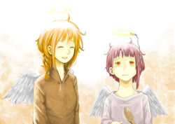  2girls absurdres angel_wings asymmetrical_hair braid braided_ponytail brown_hair brown_shirt closed_eyes commentary creator_connection crossover feathered_wings grey_wings haibane_renmei hair_brush halo highres iwakura_lain multiple_girls open_mouth orange_eyes rakka_(haibane) serial_experiments_lain shirt short_hair smile upper_body white_shirt wings yasu_(shijimi_8) 