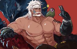  1boy :p abs bara beard blue_eyes braid creature cross_scar dark-skinned_male dark_skin facial_hair facial_mark final_fantasy final_fantasy_xiv gloves headband highres hyur jewelry korean_commentary large_pectorals long_hair looking_at_viewer lyon_rem_helsos male_focus mature_male moustache muscular muscular_male navel navel_hair necklace nipples old old_man pectorals ry_mangdung scar scar_on_chest side_braid single_braid solo stomach tongue tongue_out tooth_necklace topless_male tribal unfinished v white_hair 