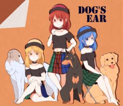  3girls bad_id bad_pixiv_id bare_legs barefoot black_choker black_shirt blonde_hair blue_eyes blue_hair blush border_collie buna_shimeji_(keymush) canine choker clip_studio_paint_(medium) crop_top cropped_shirt crossed_legs dobermann earth_(ornament) english_text hair_between_eyes hecatia_lapislazuli hecatia_lapislazuli_(earth) hecatia_lapislazuli_(moon) labrador_retriever midriff moon_(ornament) multicolored_clothes multicolored_skirt multiple_girls navel off-shoulder_shirt off_shoulder red_eyes red_hair shirt sitting skirt smile t-shirt touhou v-shaped_eyebrows yellow_eyes 