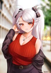  absurdres alternate_costume azur_lane belt black_belt black_coat black_skirt blurry blurry_background breasts cleavage coat female hand_in_own_hair highres huge_breasts jewelry looking_at_viewer multicolored_hair necklace open_clothes open_coat prinz_eugen_(azur_lane) red_hair red_sweater ribbed_sweater signature skirt sleeveless sleeveless_sweater smile solo streaked_hair sweater two-tone_hair upper_body white_hair whitter zipper 