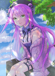  black_hat blush bound branch cloud demon_tail ear_piercing female green_eyes hair_ornament hairclip hat highres hololive horns jirai_kei long_hair looking_at_viewer mihaeru multicolored_hair official_alternate_costume outdoors piercing pink_hair purple_hair ribbon ribbon_bondage sitting sky smile solo streaked_hair tail tokoyami_towa tokoyami_towa_(jirai_kei) virtual_youtuber 