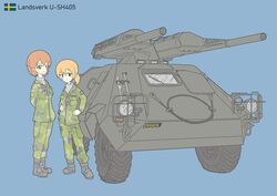  2girls absurdres armored_car armored_vehicle arms_behind_back bad_id bad_pixiv_id blonde_hair blue_eyes boots breast_pocket camouflage camouflage_jacket camouflage_pants cannon grey_eyes ground_vehicle hands_on_own_hips highres jacket license_plate looking_at_viewer michael87172043 military military_uniform multiple_girls original pants pocket ponytail prototype_design red_hair short_hair simple_background soldier swedish_flag swedish_uniform tank_destroyer u-sh405 uniform windshield wipers 