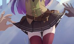  1boy bad_id bad_pixiv_id belt black_gloves black_skirt book brown_vest clothes_lift cowboy_shot female glint gloves highres kasumi_(princess_connect!) long_hair miniskirt motion_lines out_of_frame pouch pov pov_hands princess_connect! purple_hair red_thighhighs shijima_(shizima_03) single_glove skirt skirt_lift thigh_gap thighhighs vest zettai_ryouiki 