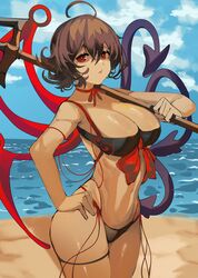  ahoge alternate_breast_size asymmetrical_wings beach bikini black_bikini black_hair breasts dark_skin female hand_on_own_hip highres houjuu_nue large_breasts looking_at_viewer outdoors polearm red_eyes ribbon short_hair solo standing swimsuit thick_thighs thighs tomatolover16 touhou weapon wings 