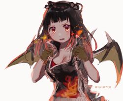  black_hair breasts dragon_wings female fire gloves hair_ornament hairband hands_up large_breasts magia_record:_mahou_shoujo_madoka_magica_gaiden magical_girl mahou_shoujo_madoka_magica ooba_juri red_eyes solo totte white_background wings 