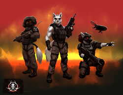  anthro armor assault_rifle belt biceps body_armor boots bottomwear bulletproof_vest burnt_earth canid canine canis clothing digital_media_(artwork) drone_(vehicle) eyewear flag footwear gas_mask gesture gloved_hands goggles group gun hand_gesture harness head_covering headgear helmet hi_res knee_pads kneeling logo looking_at_viewer machine male mammal marsonaut mask military muscular muscular_male pants plantigrade pointing ranged_weapon rifle shoulder_pads soldier tactical_gear tail trio visor warrior weapon wolf 